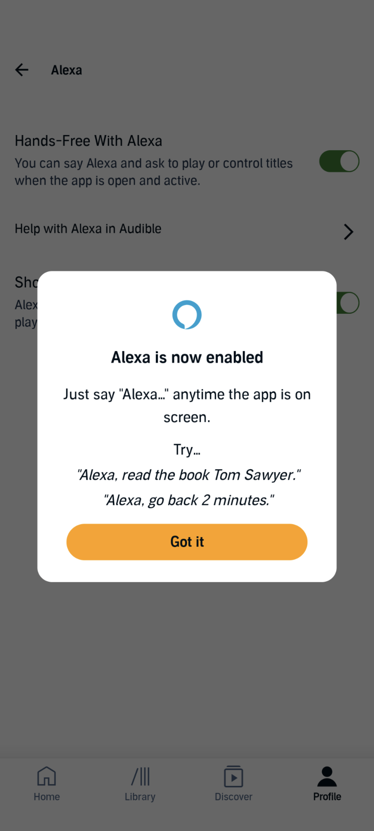 Audible App Alexa confirmation.