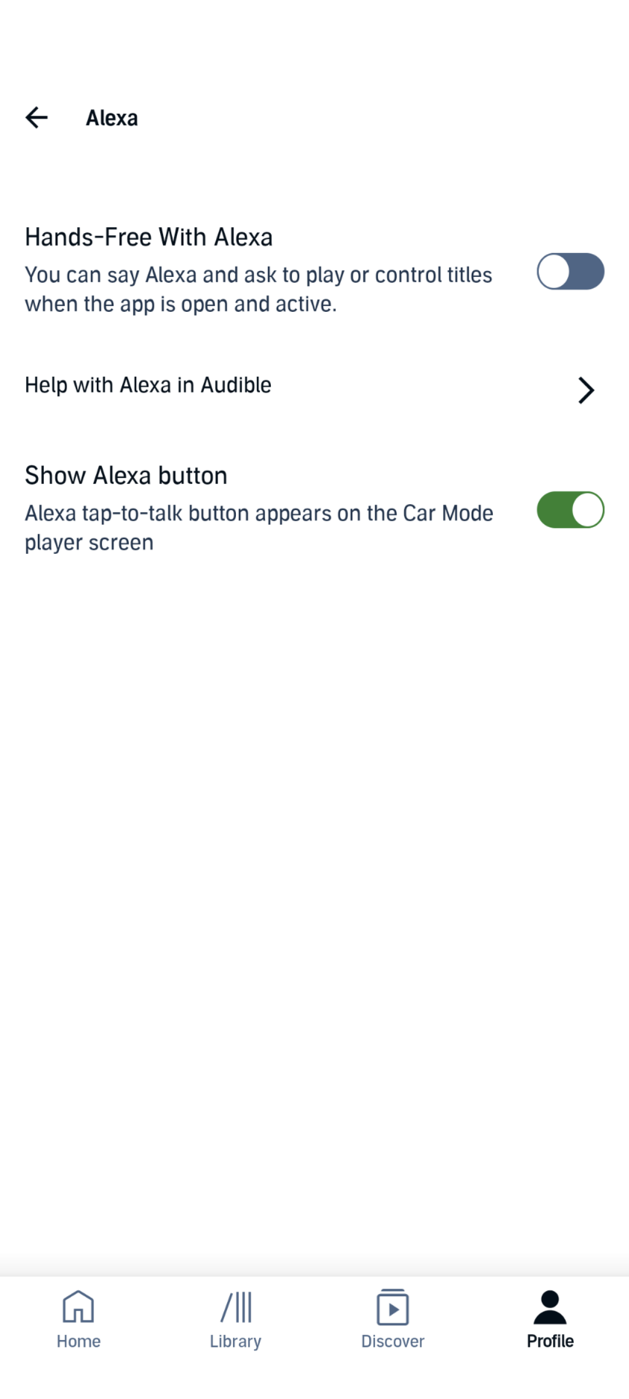 Audible app Alexa settings.