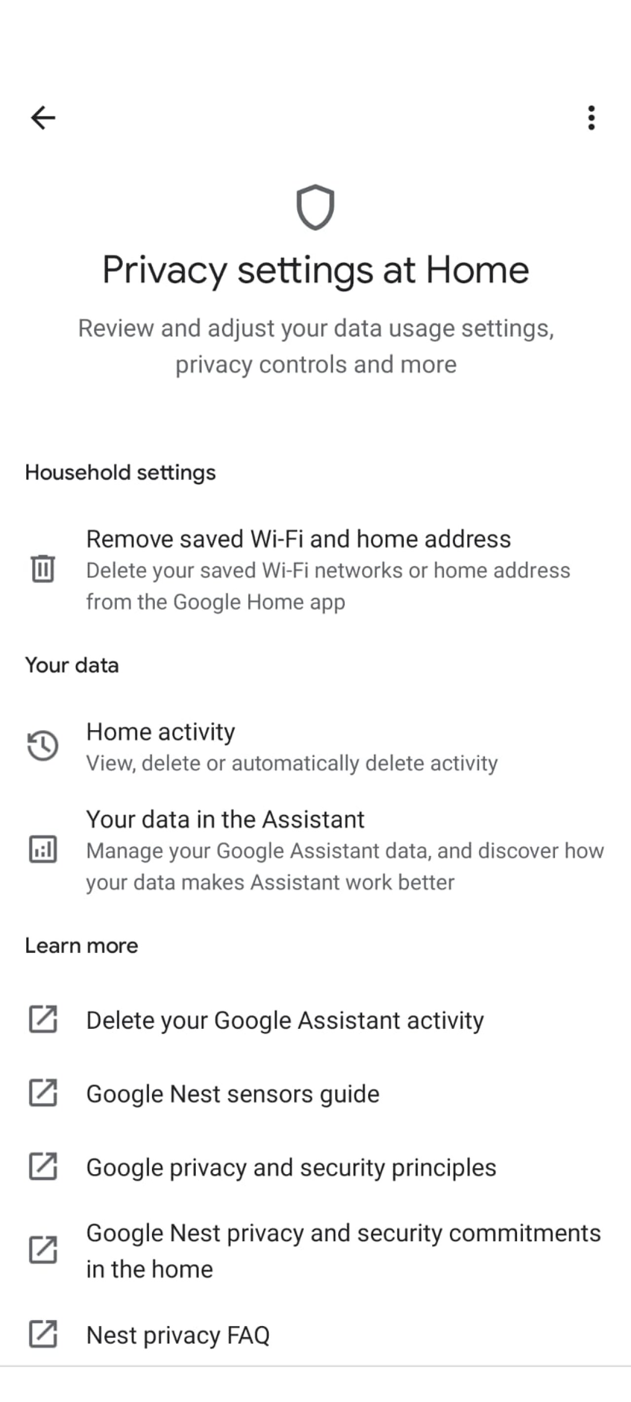Google Home app privacy settings.