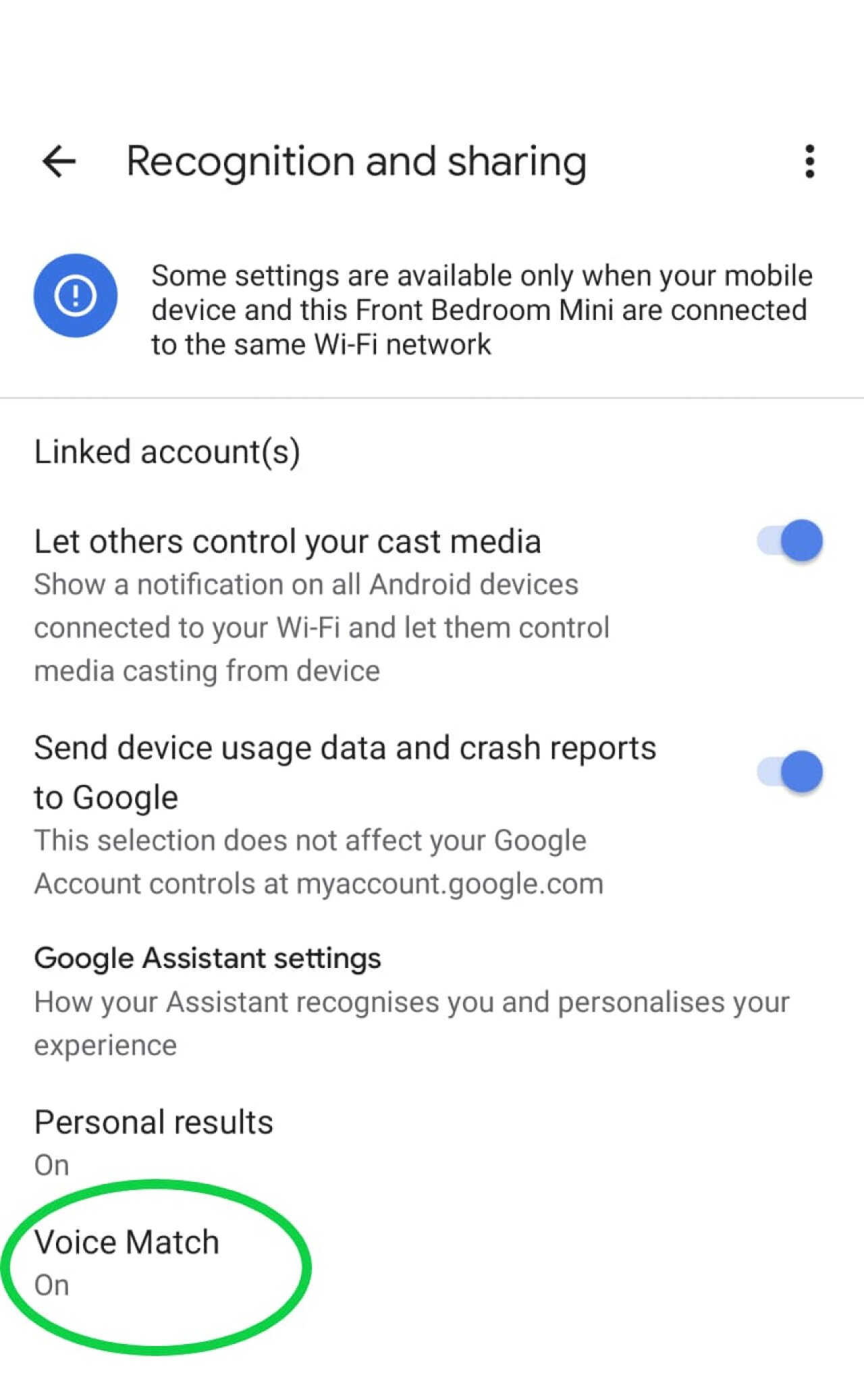 Google Home Mini recongnition settings.