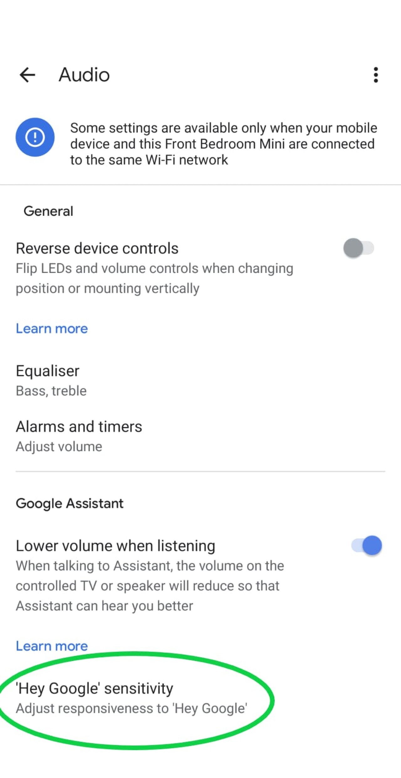 Google Nest audio settings.