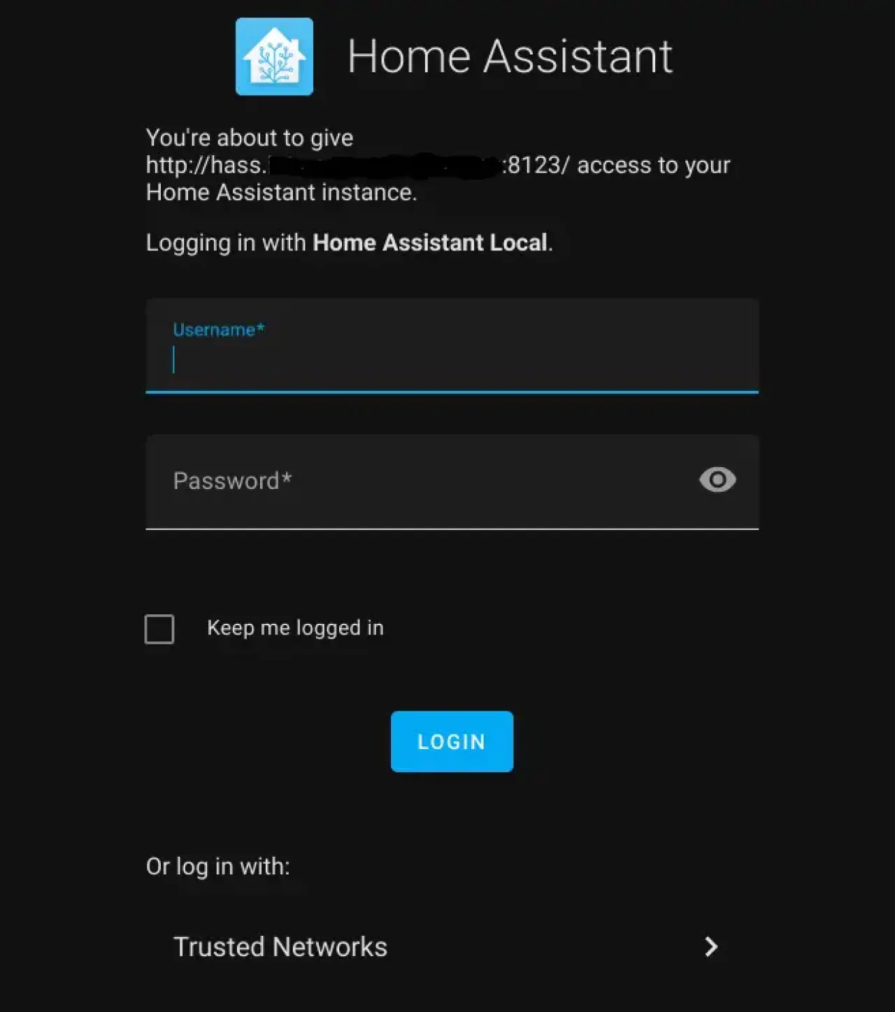 Home Assistant Login Page.