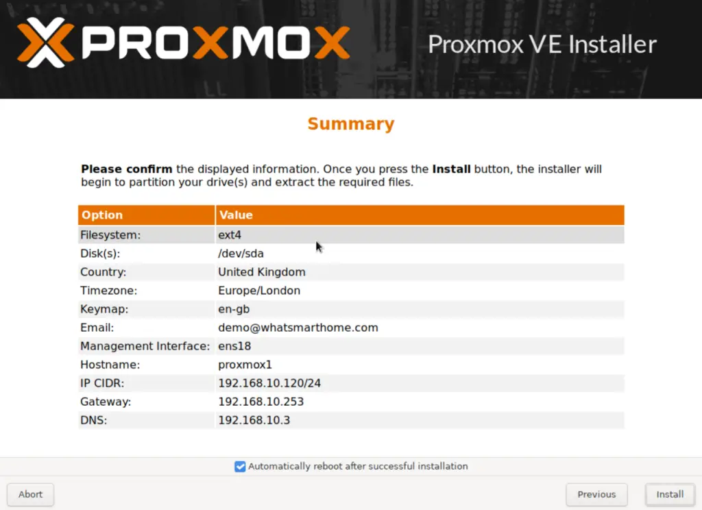 Proxmox installer summary screen