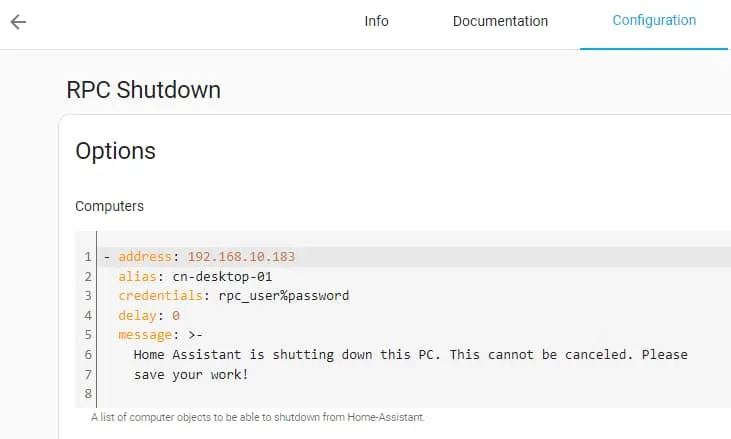 Home Assistant RPC Shutdown addon Configuration page