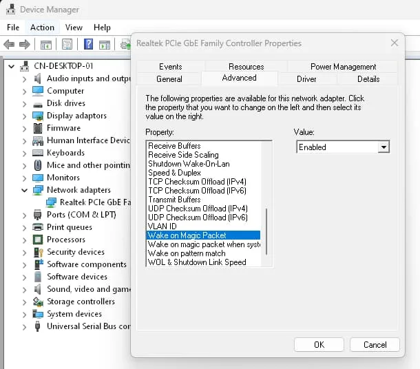 Wake on LAN Magic Packet settings in Windows Device Manager for Realtek PCIe GbE controller
