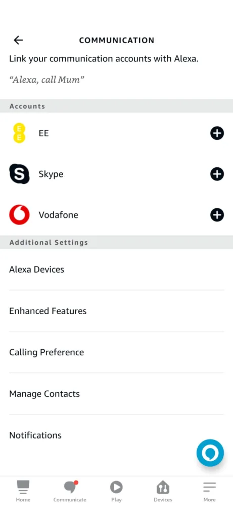 Alexa app communication settings