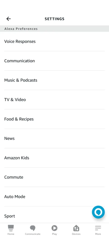 Alexa app settings menu