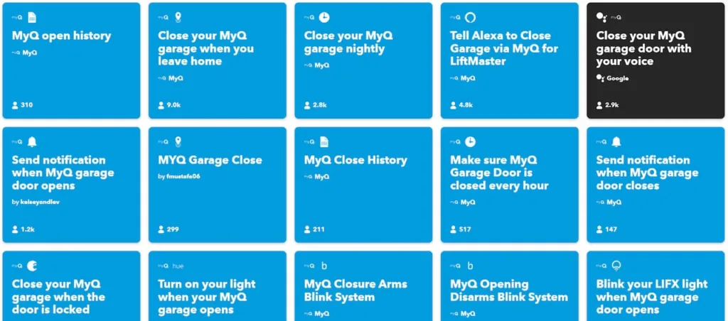 A selection of myQ applets available on IFTTT portal.