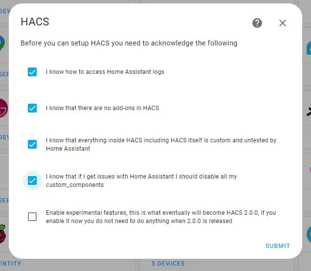 Home Assistant HACS integration options screen